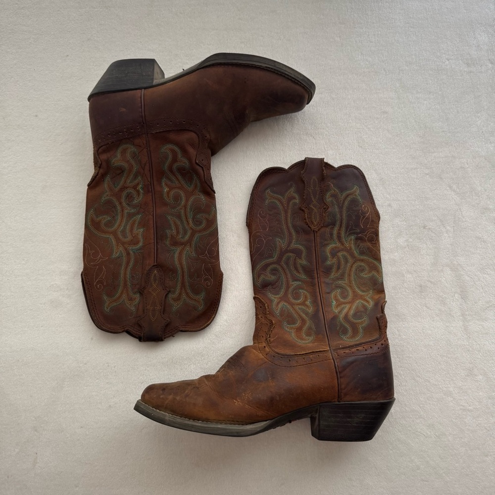 Justin Western Suede Leather Teal Embroidered Cowgirl Boots Size 8